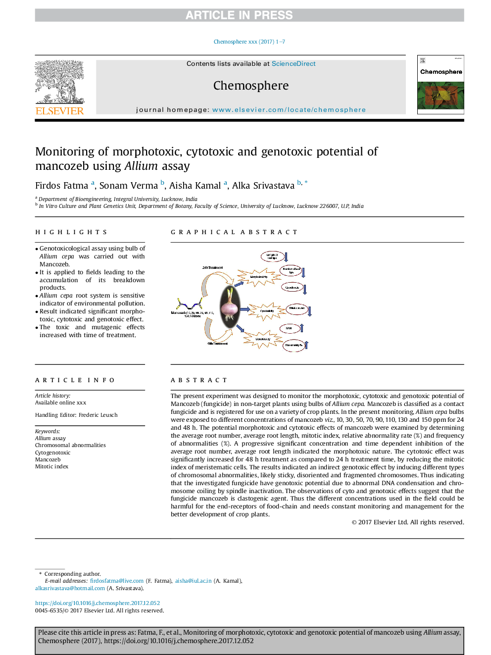 Monitoring of morphotoxic, cytotoxic and genotoxic potential of mancozeb using Allium assay