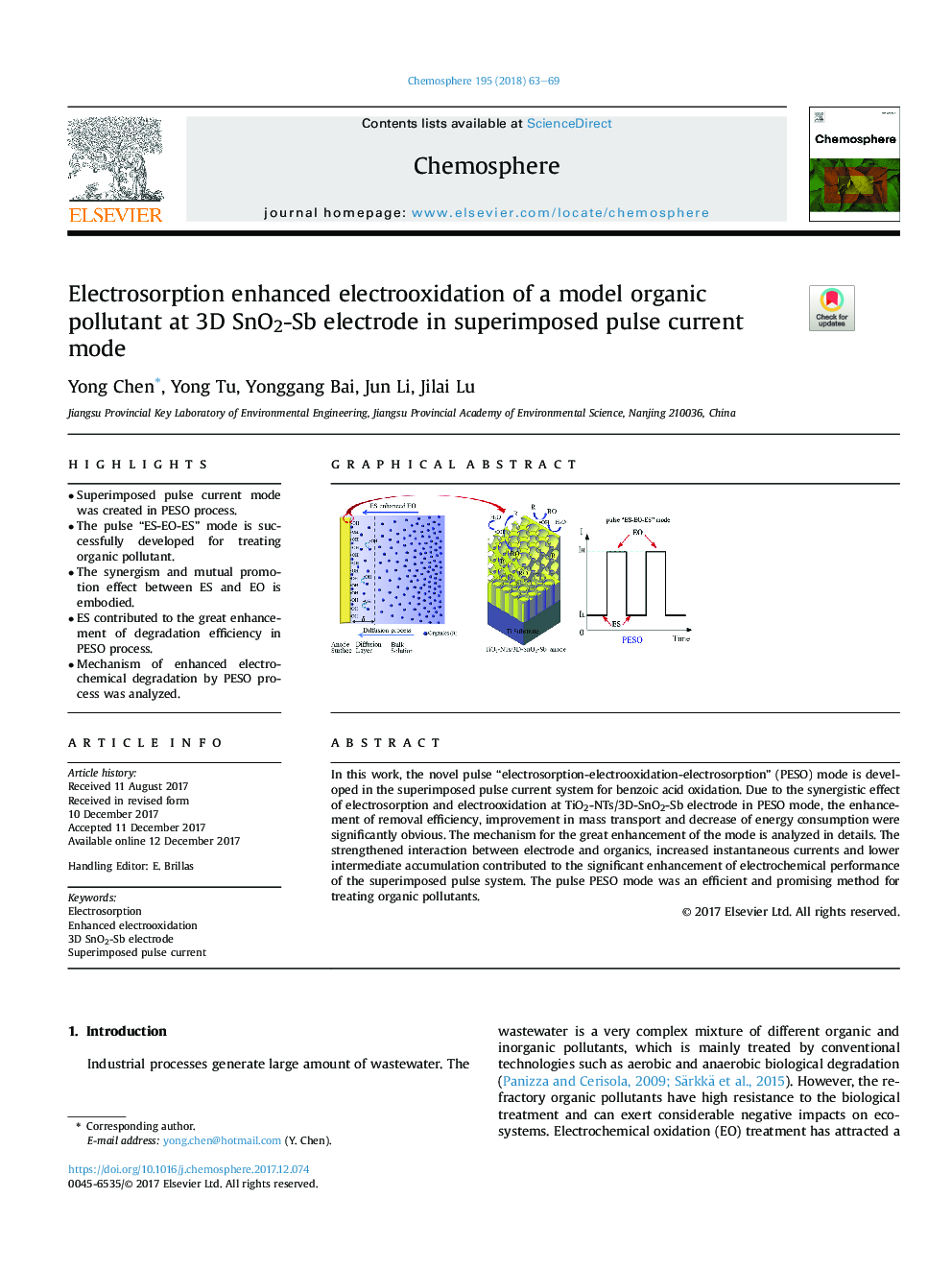 Electrosorption enhanced electrooxidation of a model organic pollutant at 3D SnO2-Sb electrode in superimposed pulse current mode