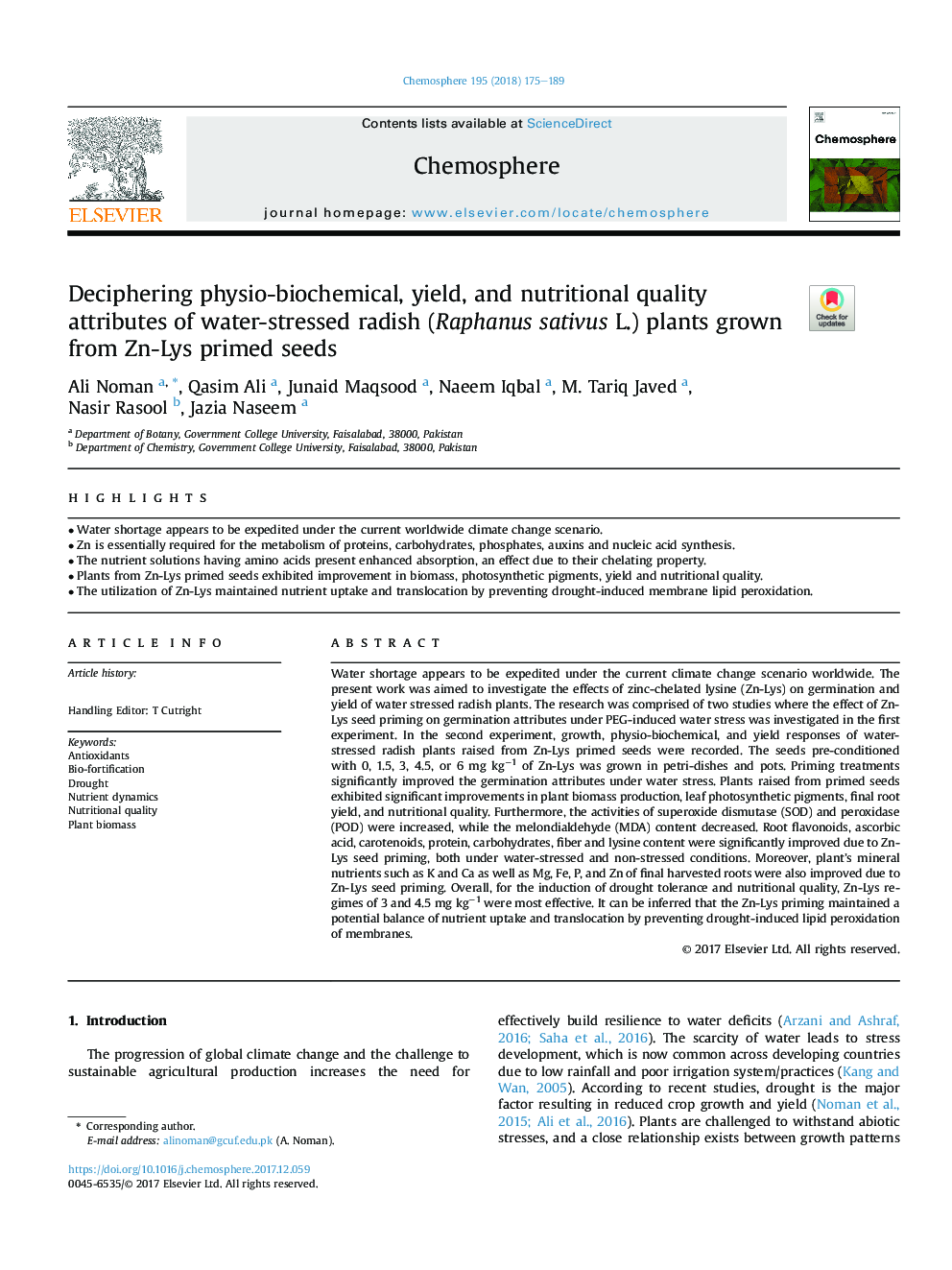 Deciphering physio-biochemical, yield, and nutritional quality attributes of water-stressed radish (Raphanus sativus L.) plants grown from Zn-Lys primed seeds