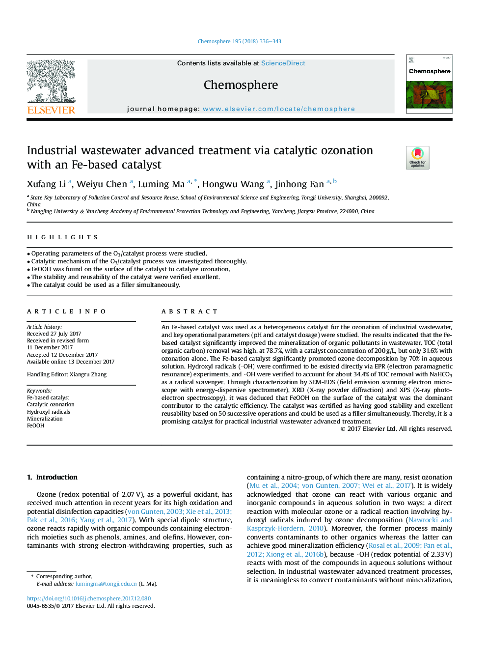 Industrial wastewater advanced treatment via catalytic ozonation with an Fe-based catalyst