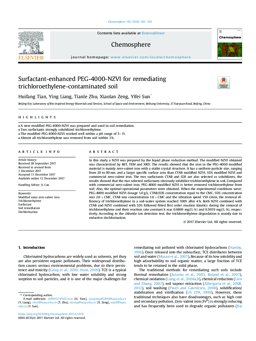 Surfactant-enhanced PEG-4000-NZVI for remediating trichloroethylene-contaminated soil