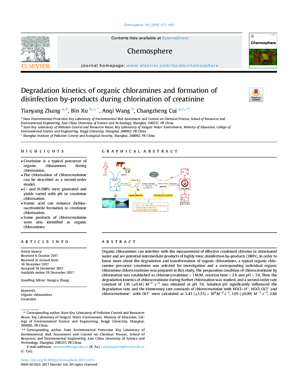 سینتیک تخریب کلرامین آلی و تشکیل محصولات ضدعفونی کننده در طول کلرسیون کراتینین 