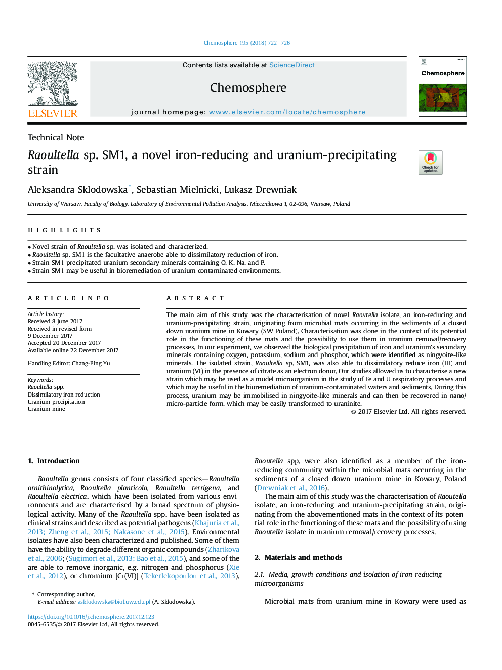 Raoultella sp. SM1, a novel iron-reducing and uranium-precipitating strain