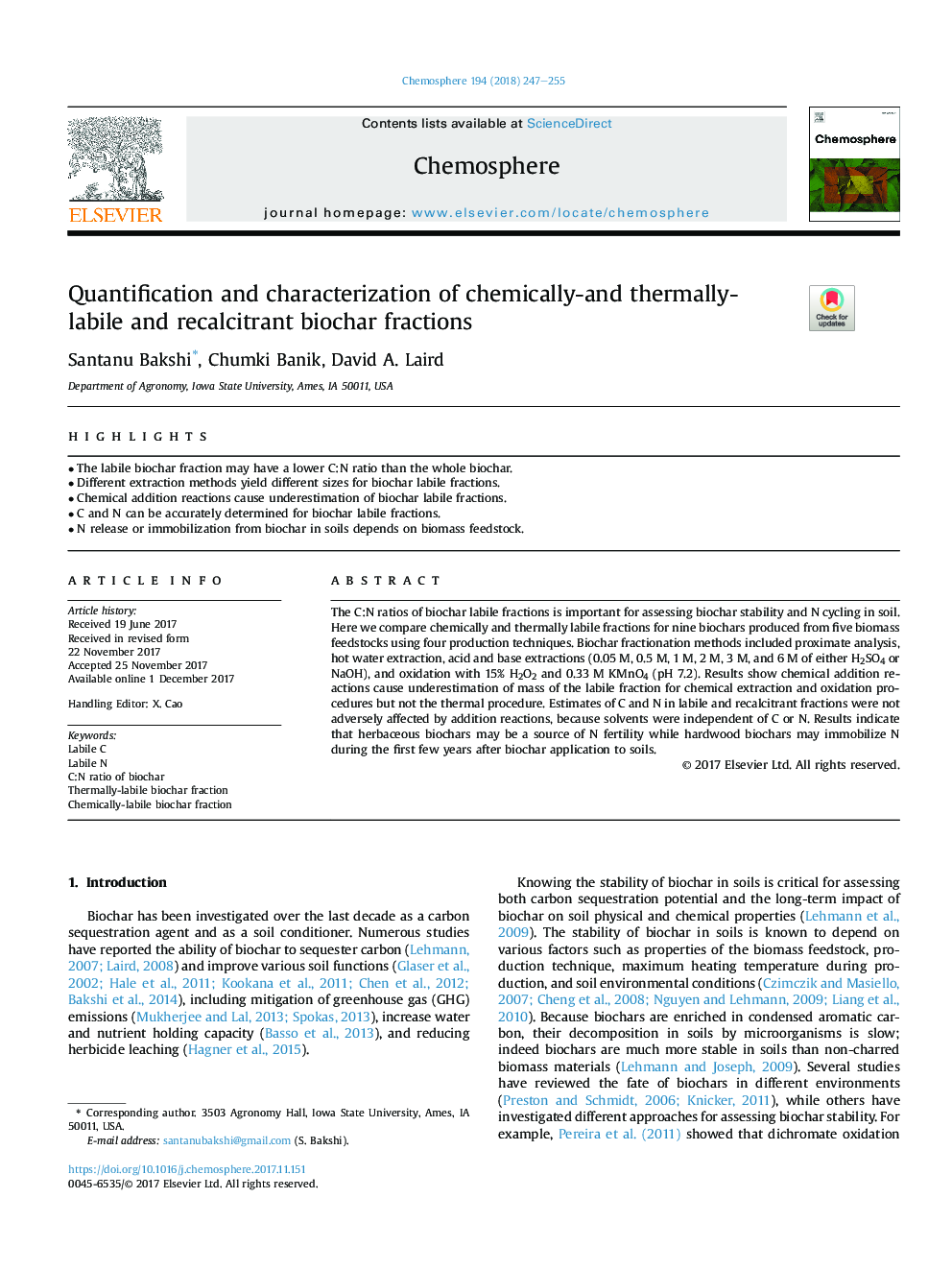 Quantification and characterization of chemically-and thermally-labile and recalcitrant biochar fractions