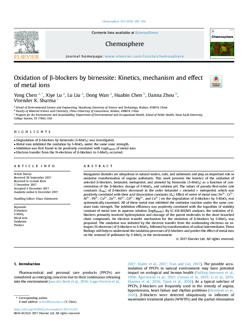 Oxidation of Î²-blockers by birnessite: Kinetics, mechanism and effect of metal ions