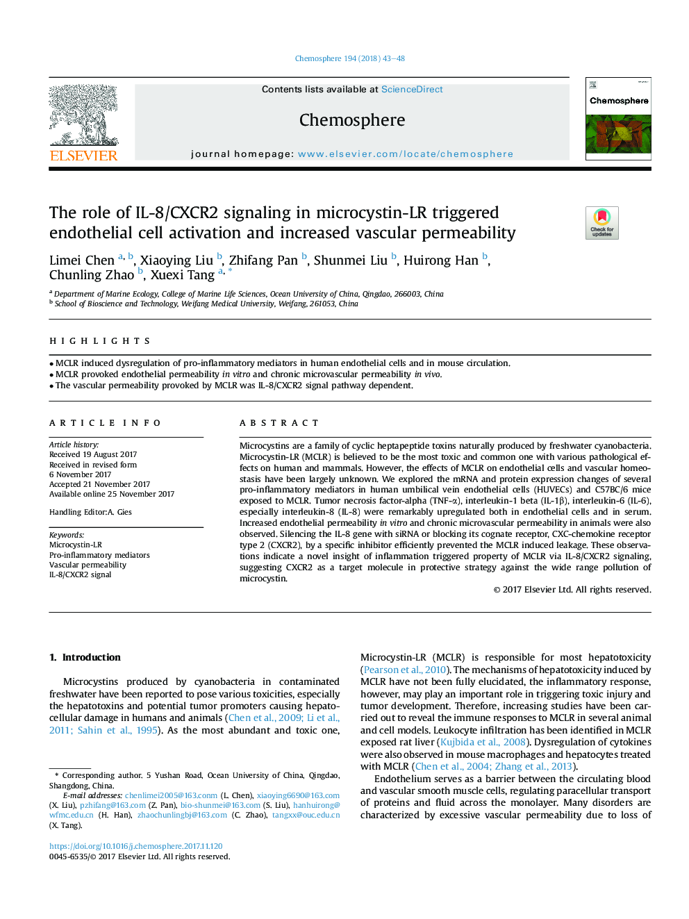 The role of IL-8/CXCR2 signaling in microcystin-LR triggered endothelial cell activation and increased vascular permeability