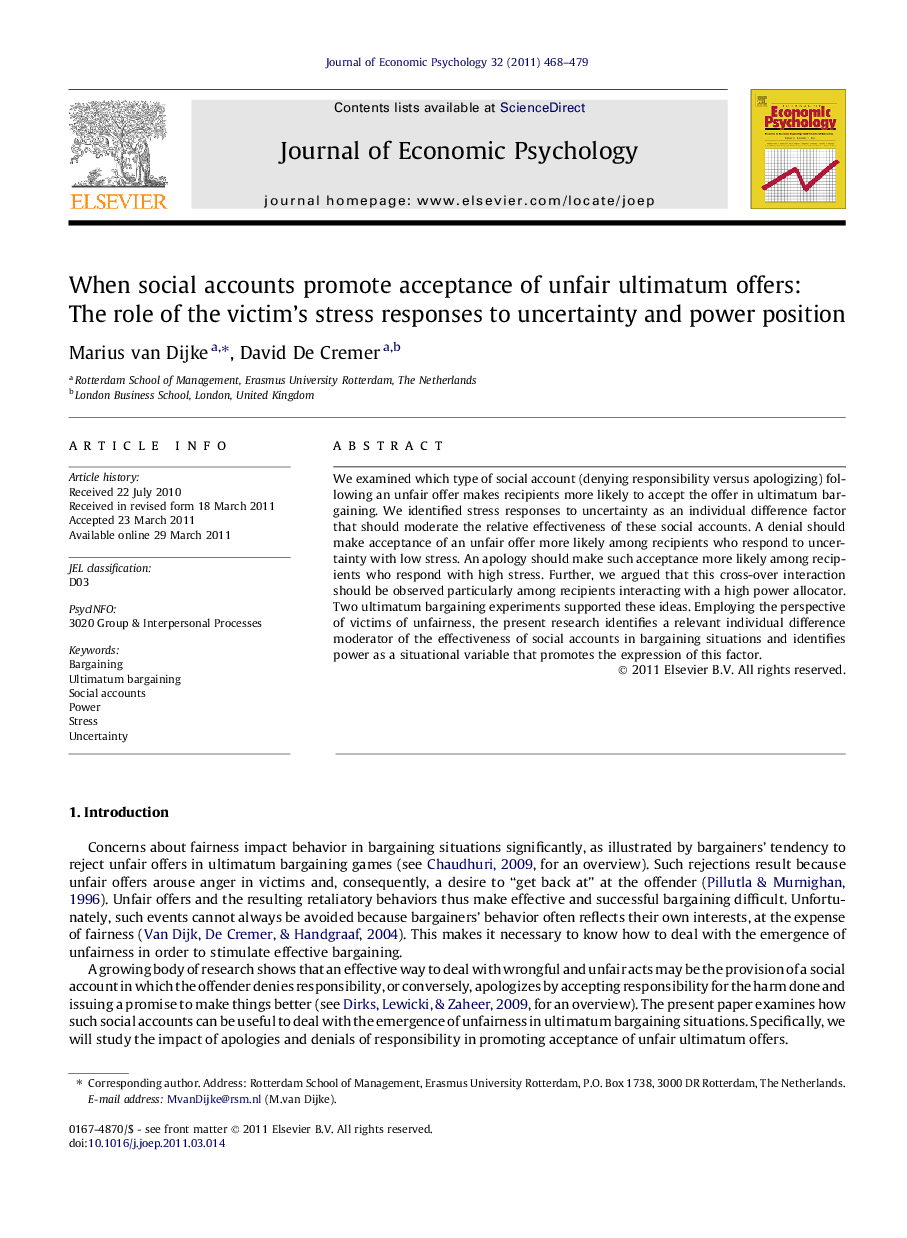 When social accounts promote acceptance of unfair ultimatum offers: The role of the victim’s stress responses to uncertainty and power position