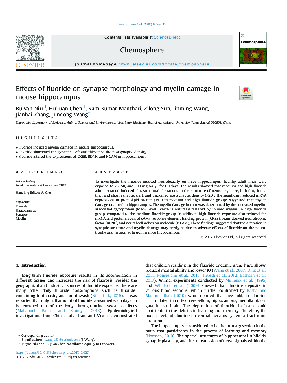 Effects of fluoride on synapse morphology and myelin damage in mouse hippocampus