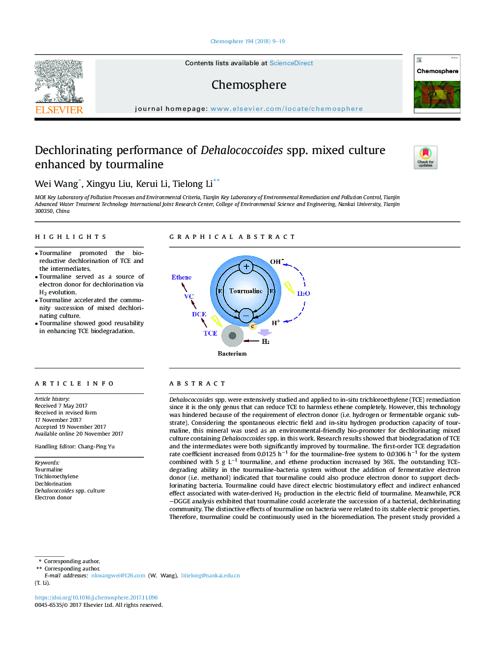 Dechlorinating performance of Dehalococcoides spp. mixed culture enhanced by tourmaline