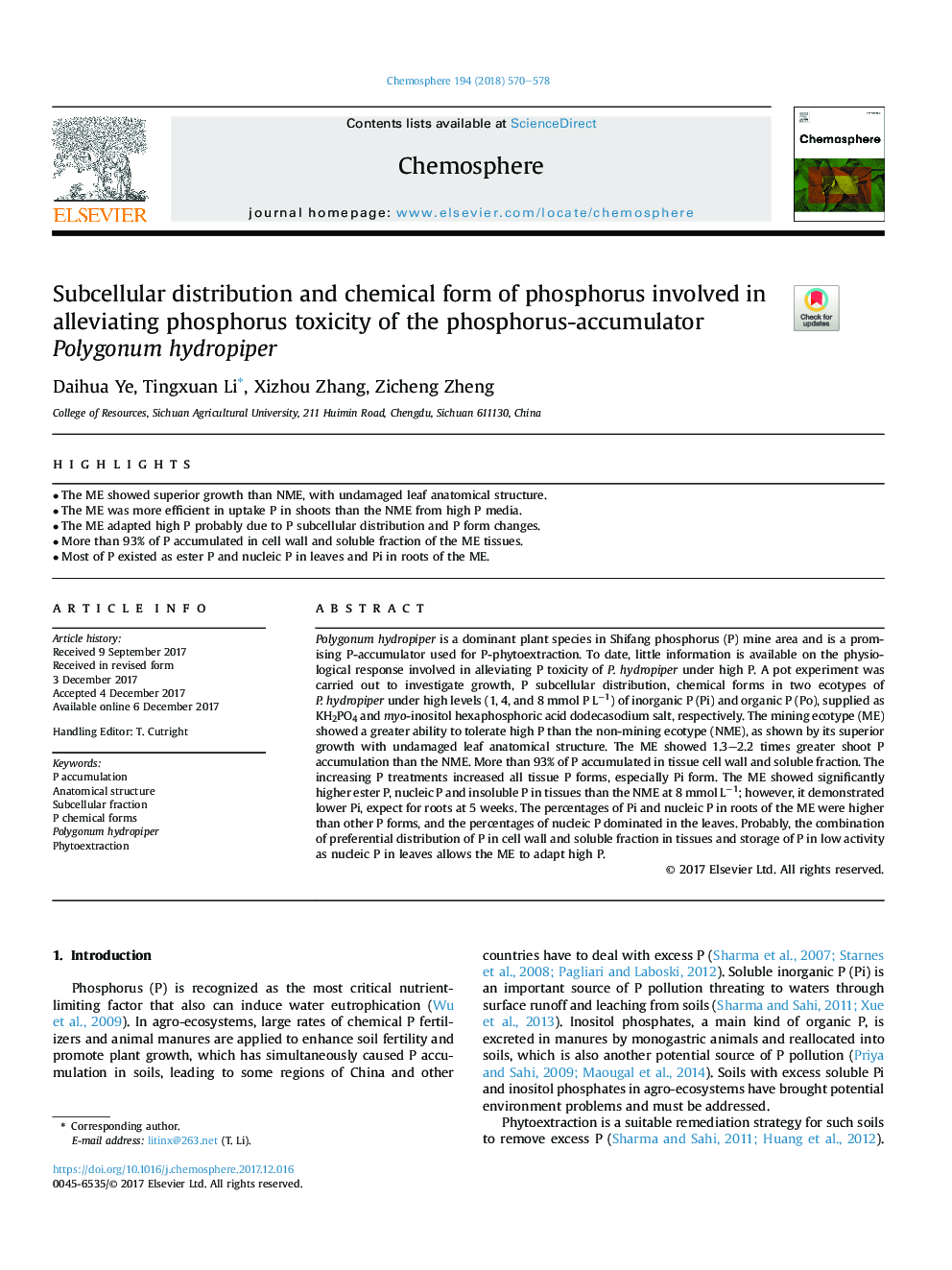 Subcellular distribution and chemical form of phosphorus involved in alleviating phosphorus toxicity of the phosphorus-accumulator Polygonum hydropiper
