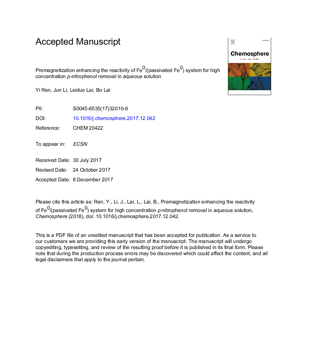 Premagnetization enhancing the reactivity of Fe0/(passivated Fe0) system for high concentration p-nitrophenol removal in aqueous solution