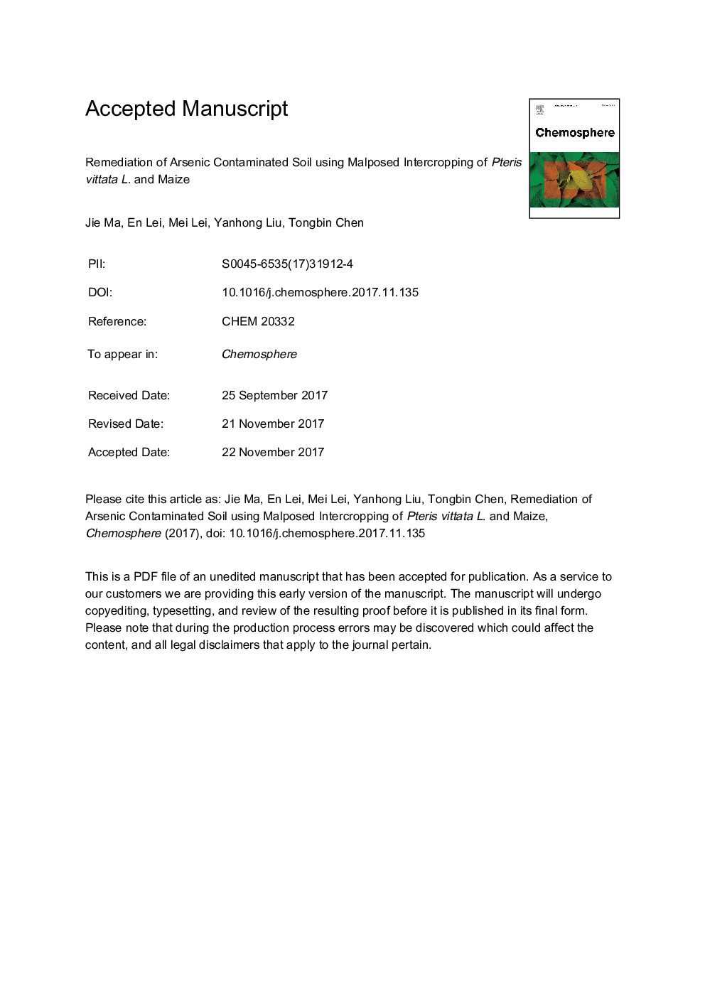 Remediation of Arsenic contaminated soil using malposed intercropping of Pteris vittata L. and maize