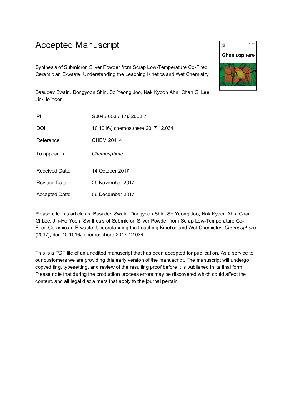 Synthesis of submicron silver powder from scrap low-temperature co-fired ceramic an e-waste: Understanding the leaching kinetics and wet chemistry