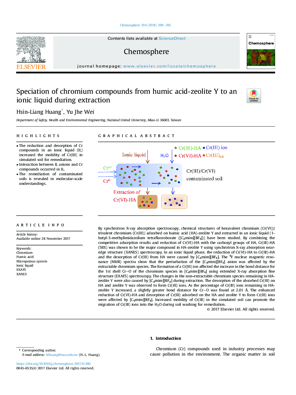 Speciation of chromium compounds from humic acid-zeolite Y to an ionic liquid during extraction