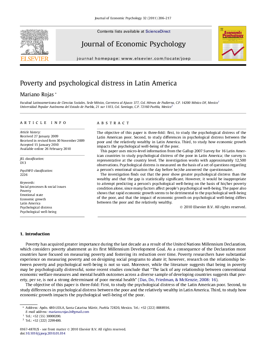 عکس صفحه اول مقاله: Poverty and psychological distress in Latin America Poverty and psychological distress in Latin America