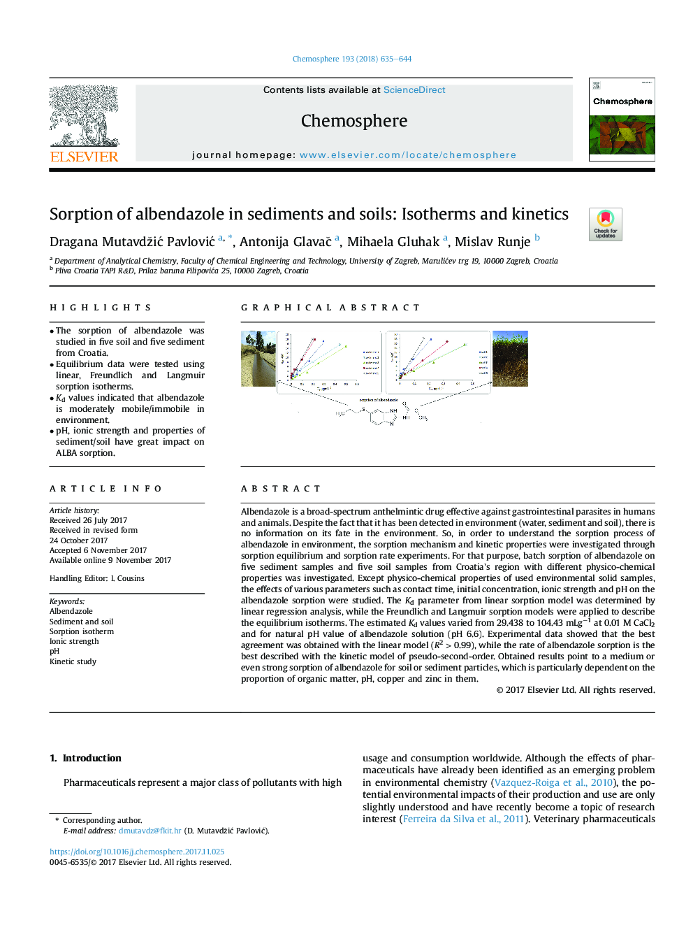 Sorption of albendazole in sediments and soils: Isotherms and kinetics