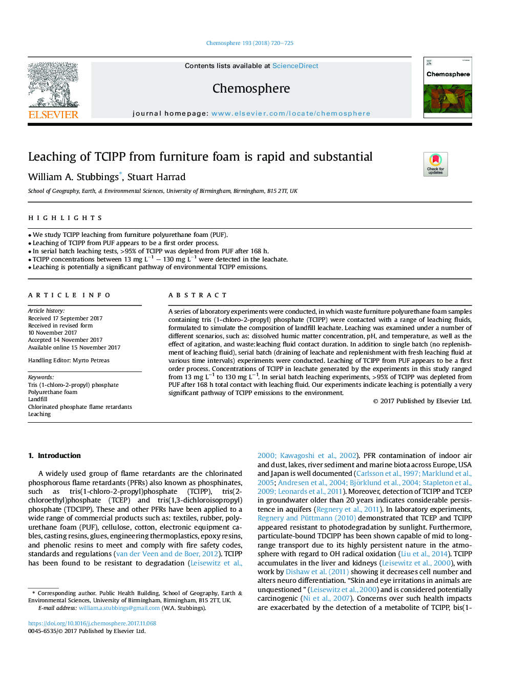 Leaching of TCIPP from furniture foam is rapid and substantial