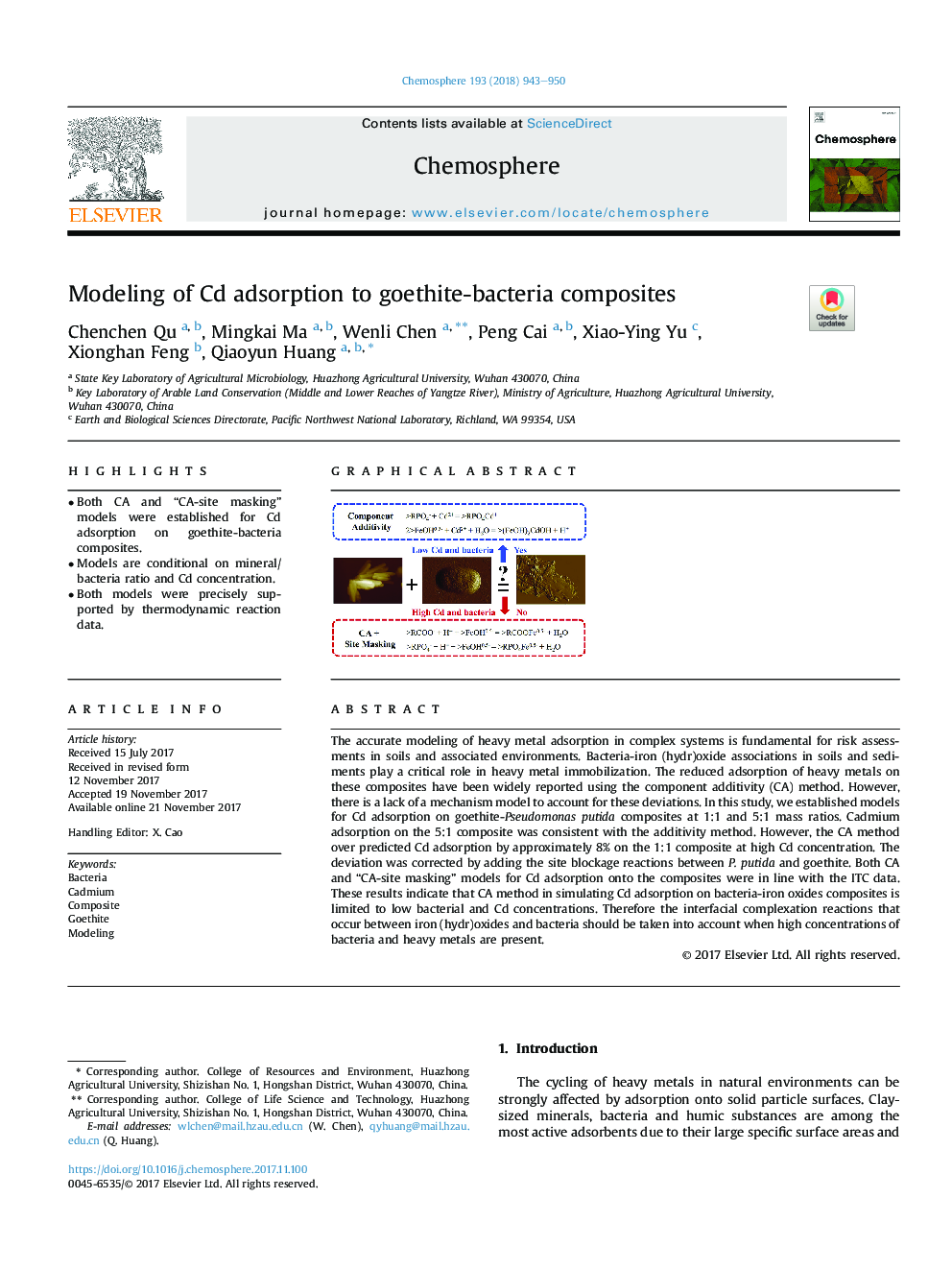 Modeling of Cd adsorption to goethite-bacteria composites