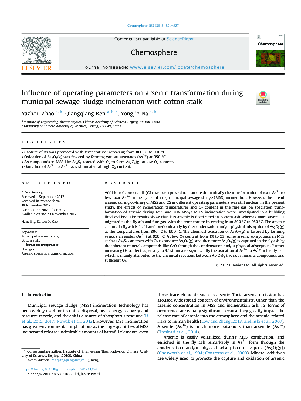 Influence of operating parameters on arsenic transformation during municipal sewage sludge incineration with cotton stalk