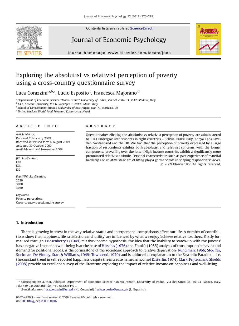 Exploring the absolutist vs relativist perception of poverty using a cross-country questionnaire survey