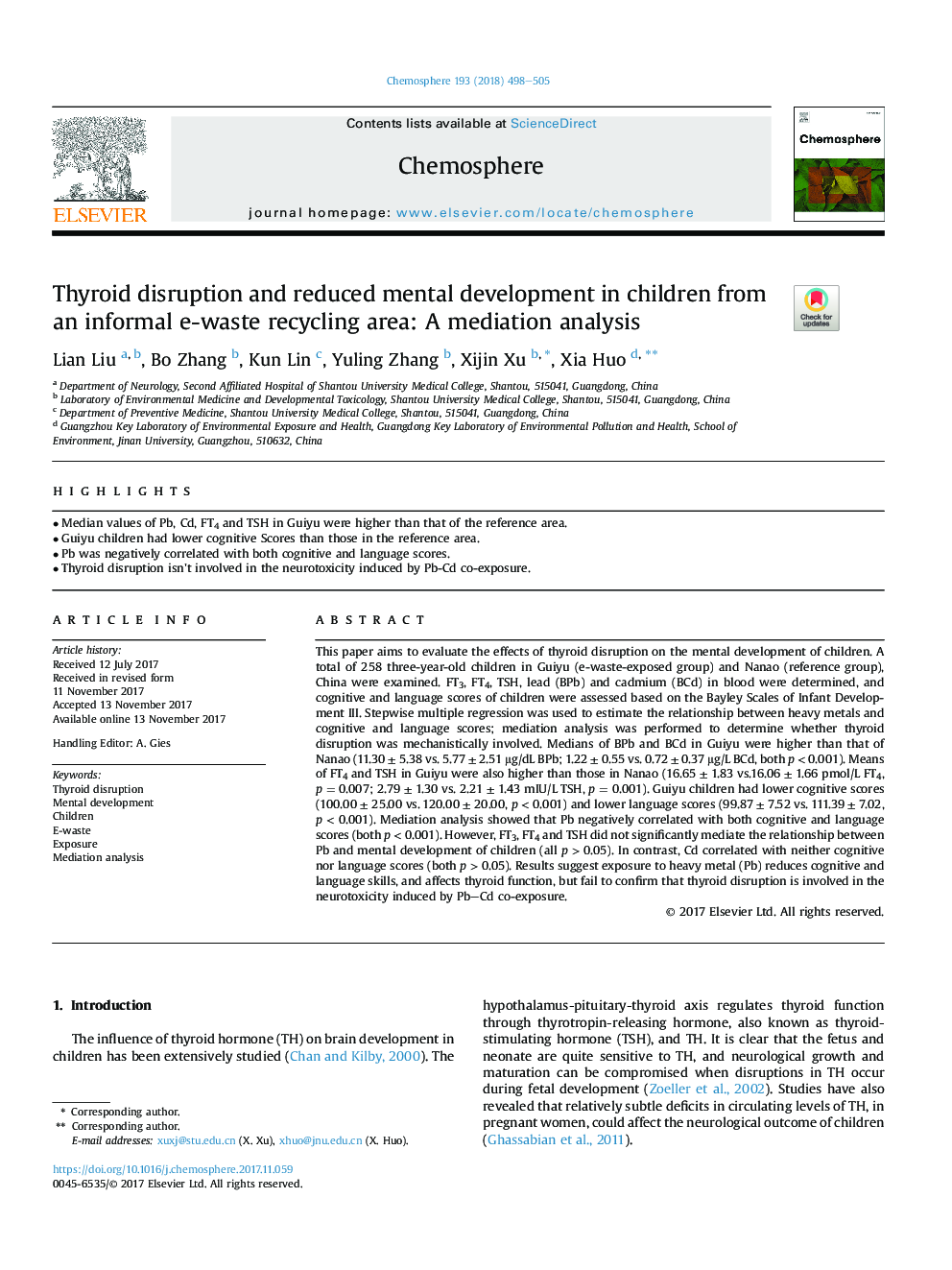 Thyroid disruption and reduced mental development in children from an informal e-waste recycling area: A mediation analysis