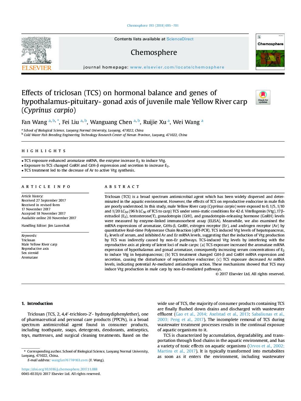 Effects of triclosan (TCS) on hormonal balance and genes of hypothalamus-pituitary- gonad axis of juvenile male Yellow River carp (Cyprinus carpio)