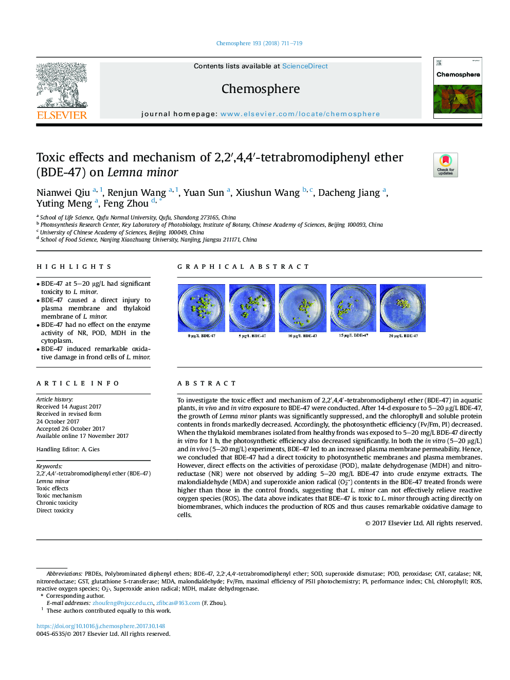 Toxic effects and mechanism of 2,2â²,4,4â²-tetrabromodiphenyl ether (BDE-47) on Lemna minor