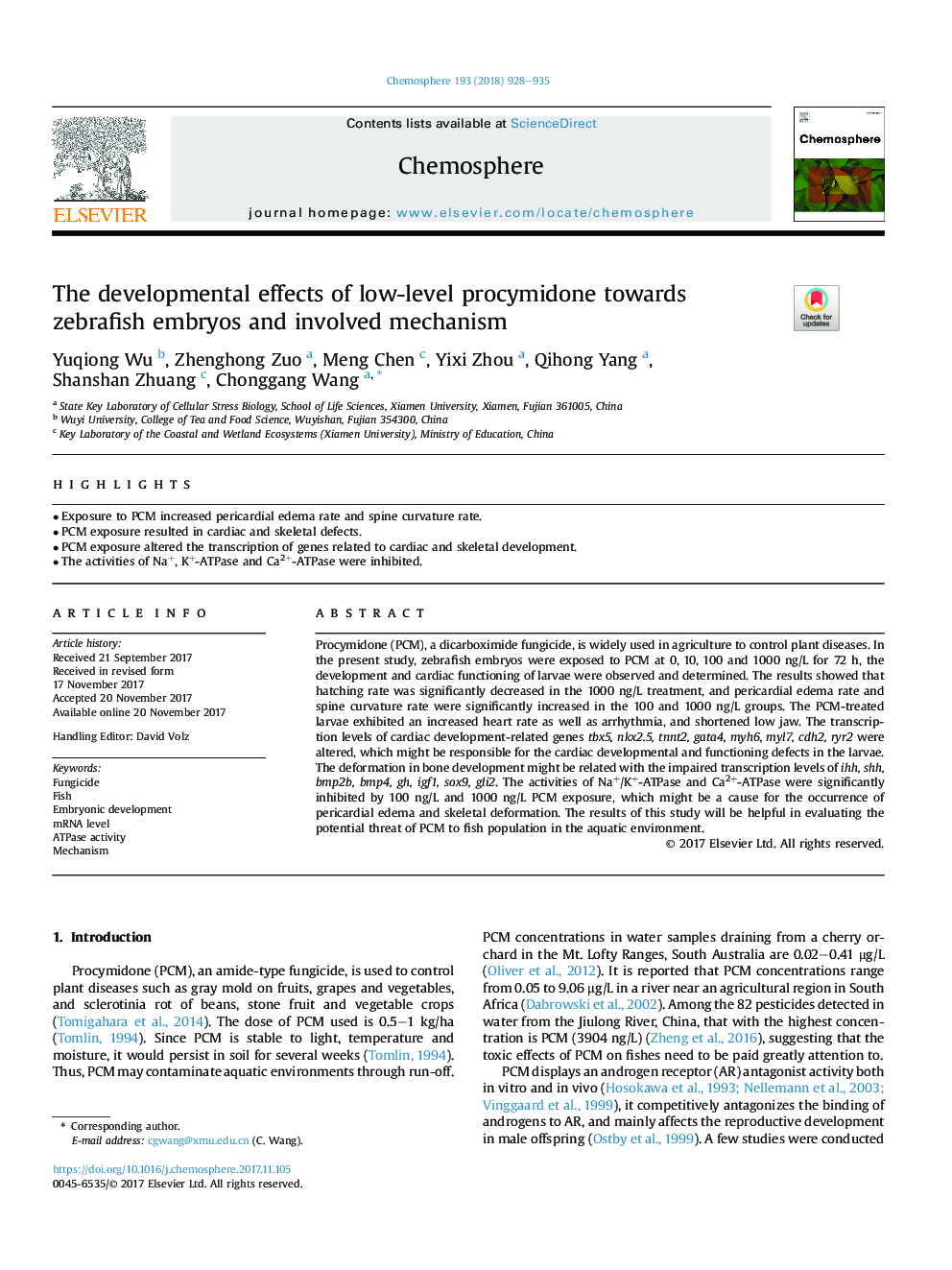 The developmental effects of low-level procymidone towards zebrafish embryos and involved mechanism