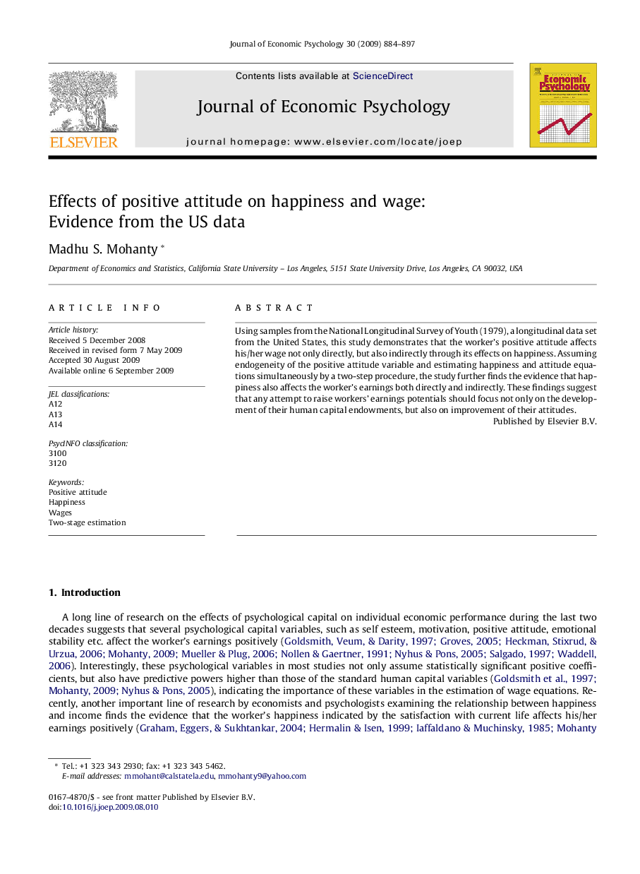 Effects of positive attitude on happiness and wage: Evidence from the US data