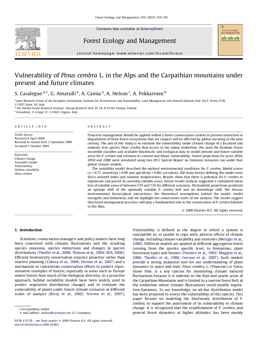 Vulnerability of Pinus cembra L. in the Alps and the Carpathian mountains under present and future climates