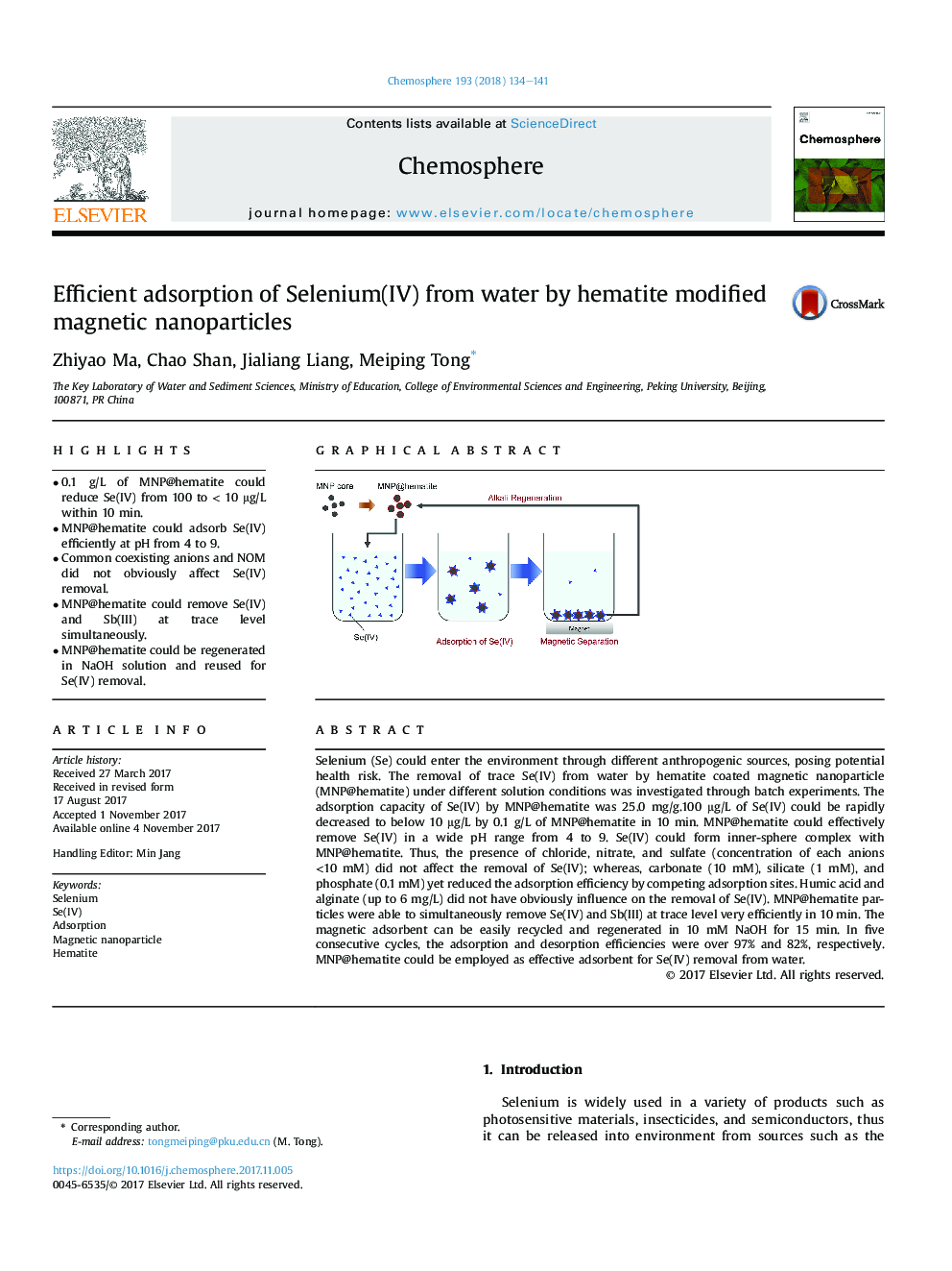 Efficient adsorption of Selenium(IV) from water by hematite modified magnetic nanoparticles