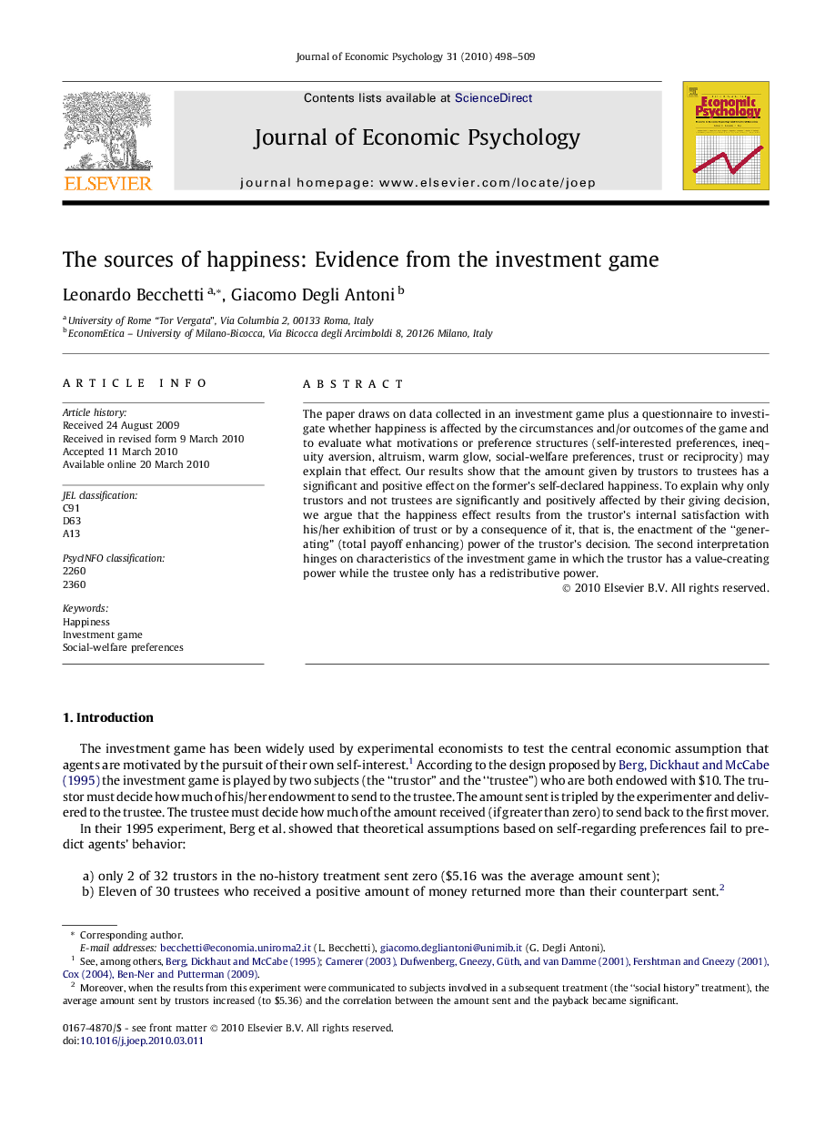 The sources of happiness: Evidence from the investment game