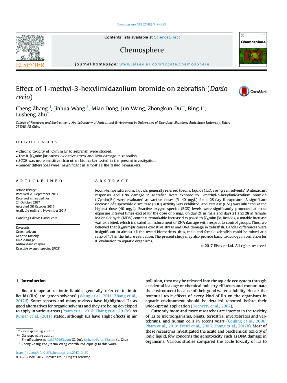 Effect of 1-methyl-3-hexylimidazolium bromide on zebrafish (Danio rerio)