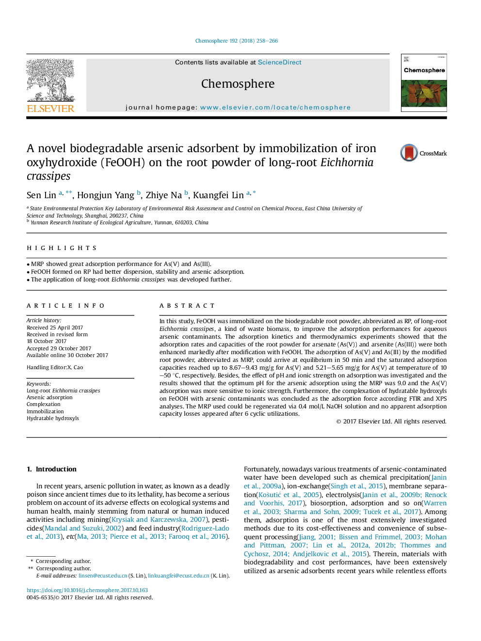 عکس صفحه اول مقاله: A novel biodegradable arsenic adsorbent by immobilization of iron oxyhydroxide (FeOOH) on the root powder of long-root Eichhornia crassipes A novel biodegradable arsenic adsorbent by immobilization of iron oxyhydroxide (FeOOH) on the root powder of long-root Eichhornia crassipes