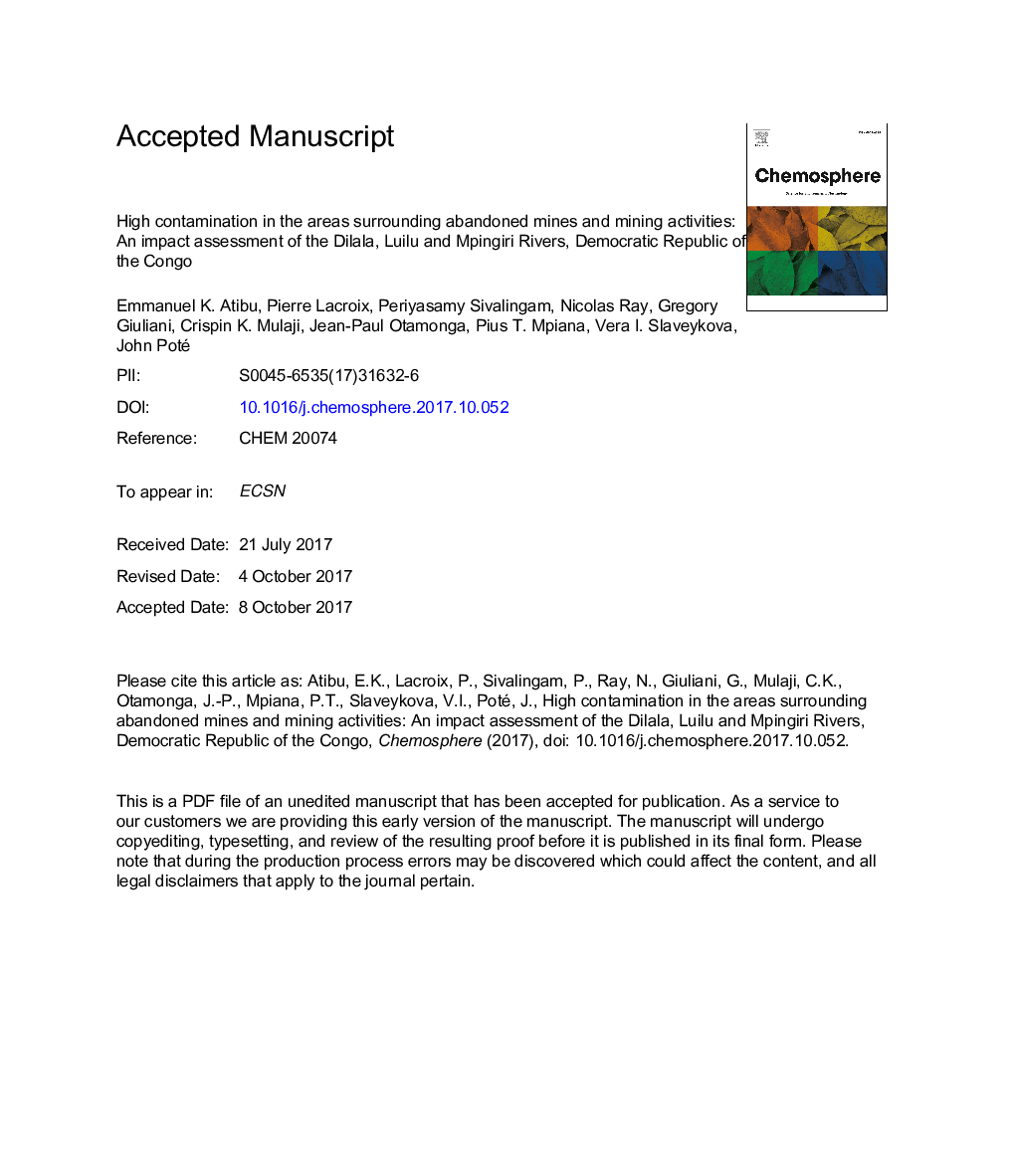 High contamination in the areas surrounding abandoned mines and mining activities: An impact assessment of the Dilala, Luilu and Mpingiri Rivers, Democratic Republic of the Congo