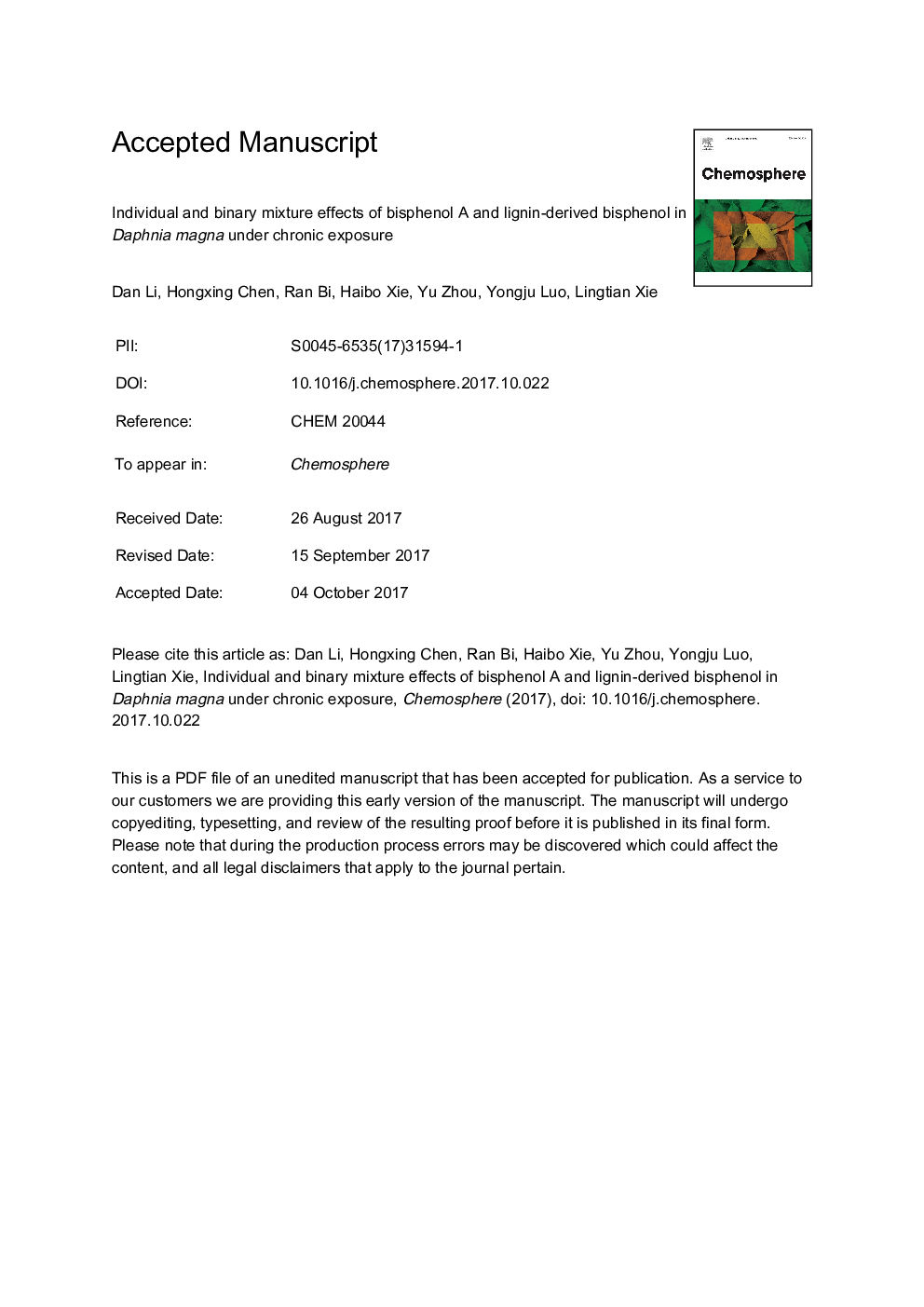 Individual and binary mixture effects of bisphenol A and lignin-derived bisphenol in Daphnia magna under chronic exposure