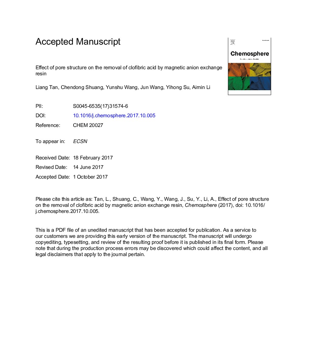 اثر ساختار منافذ بر حذف اسید کلافیبریک با رزین مبادله آنیونی مغناطیسی 