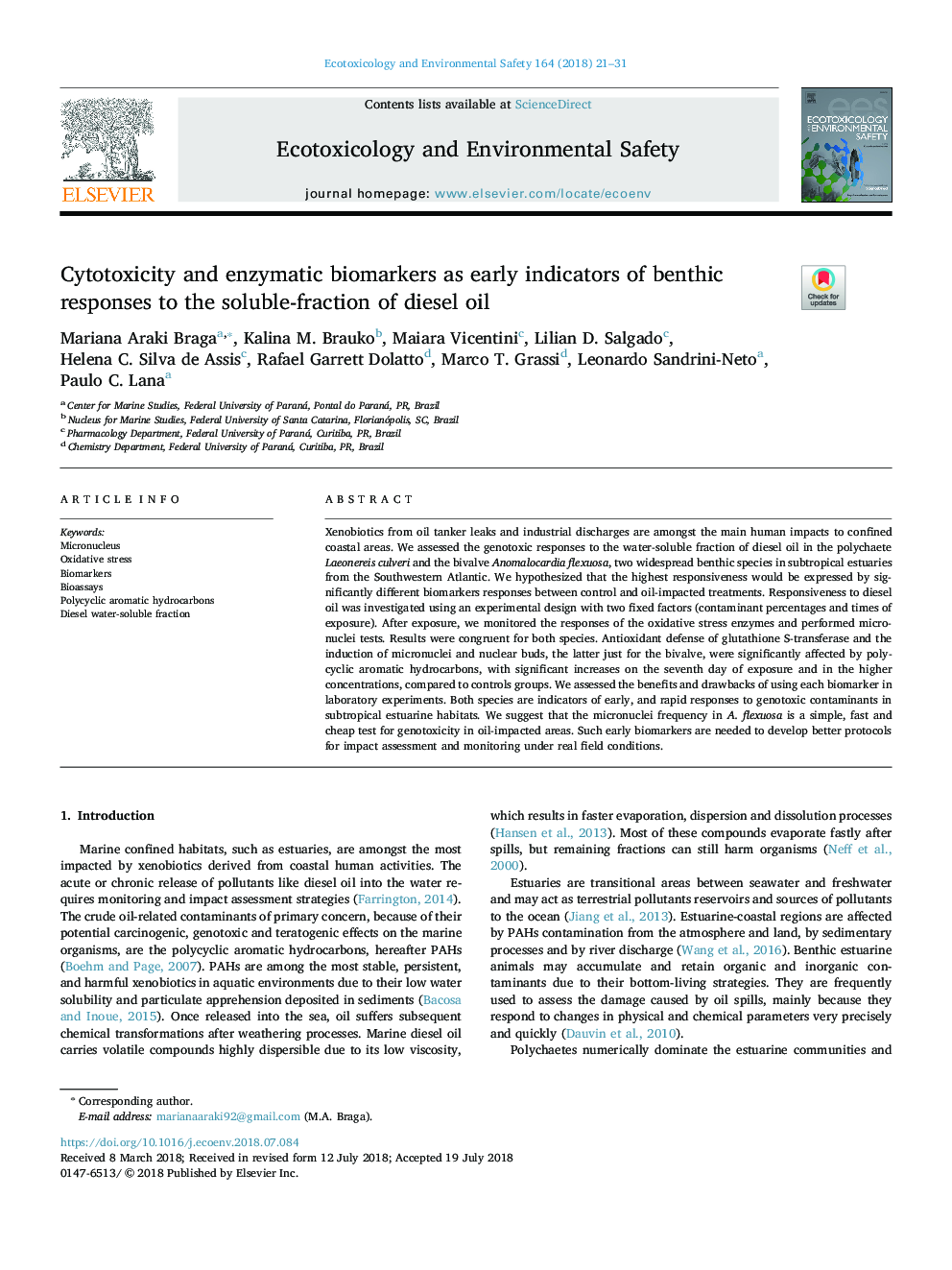 Cytotoxicity and enzymatic biomarkers as early indicators of benthic responses to the soluble-fraction of diesel oil