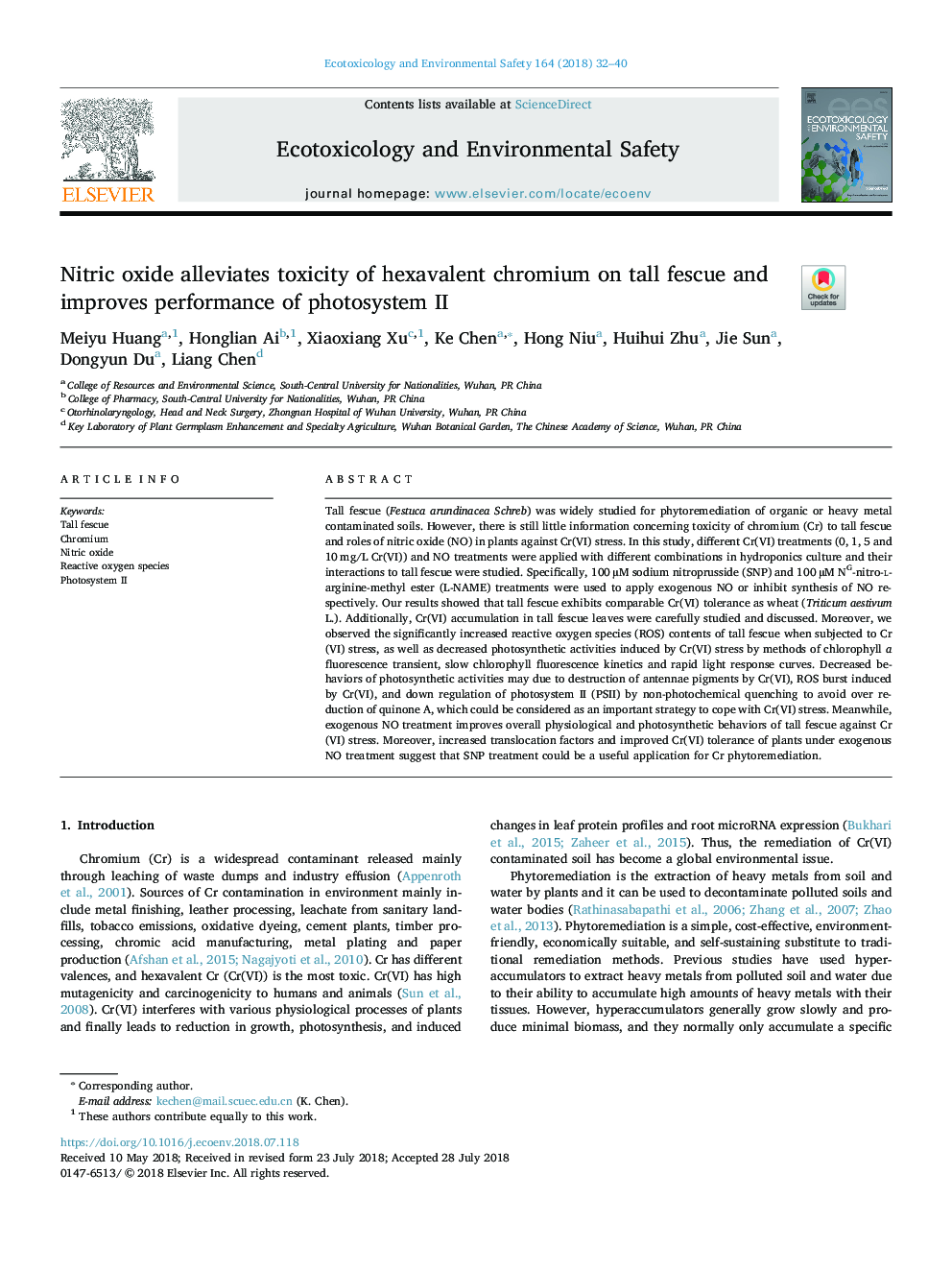 Nitric oxide alleviates toxicity of hexavalent chromium on tall fescue and improves performance of photosystem II