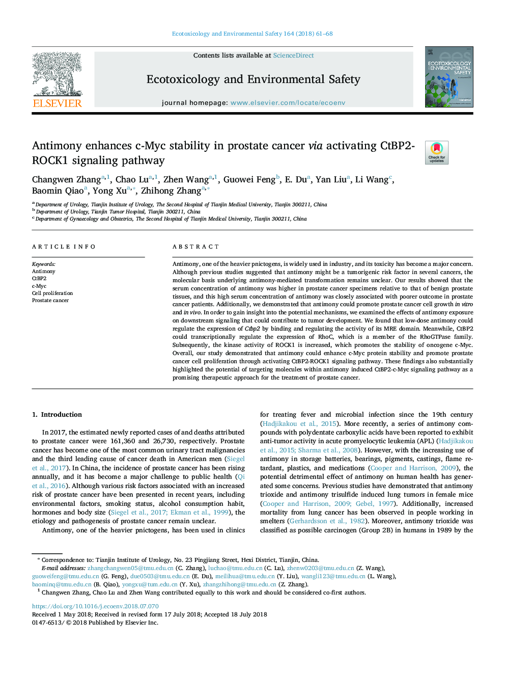 Antimony enhances c-Myc stability in prostate cancer via activating CtBP2-ROCK1 signaling pathway