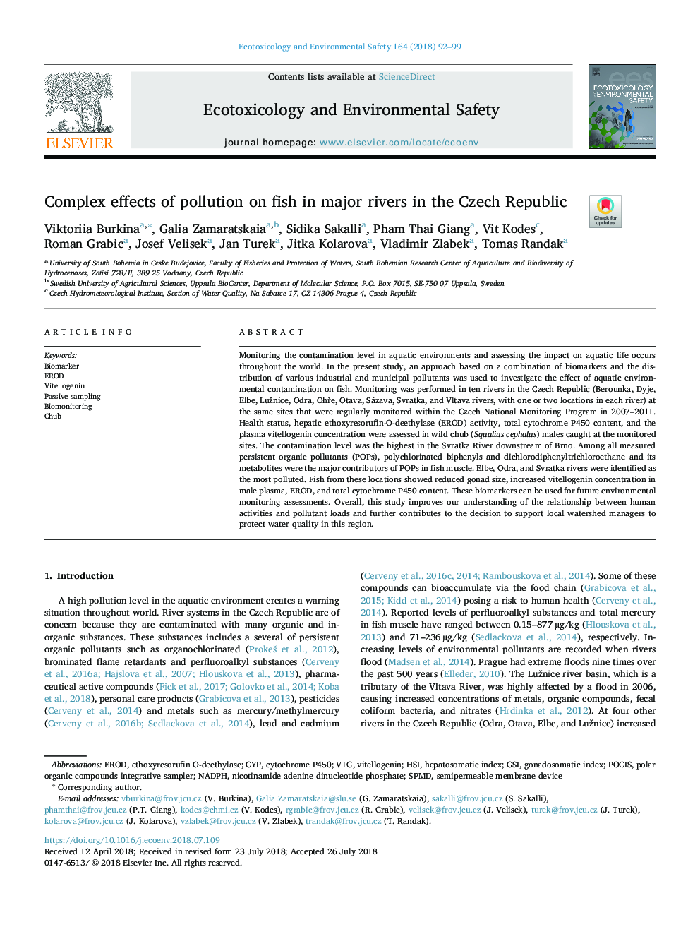 Complex effects of pollution on fish in major rivers in the Czech Republic