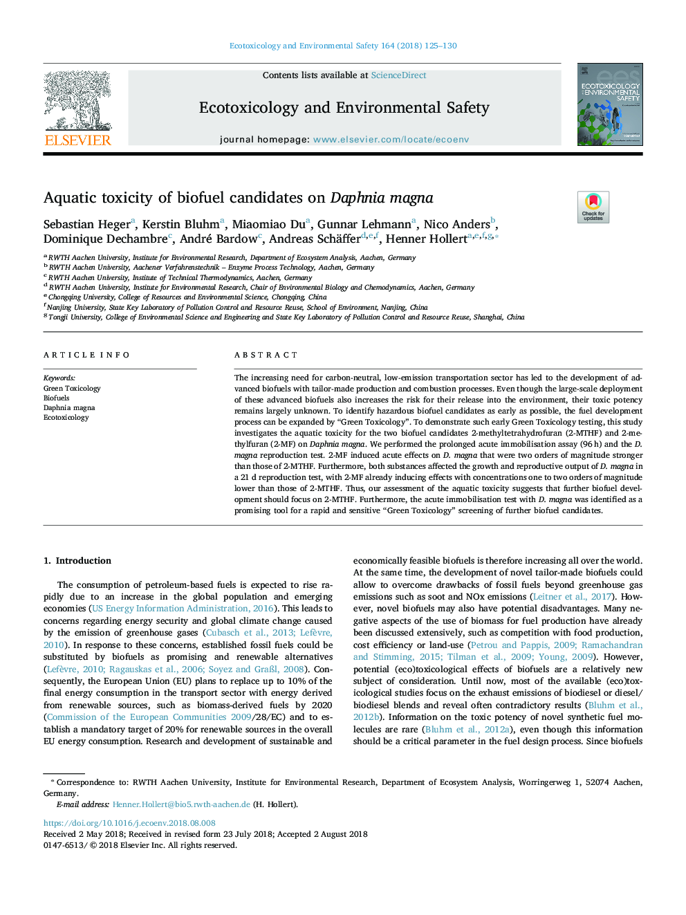 Aquatic toxicity of biofuel candidates on Daphnia magna