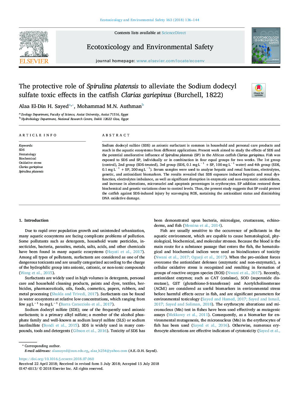 The protective role of Spirulina platensis to alleviate the Sodium dodecyl sulfate toxic effects in the catfish Clarias gariepinus (Burchell, 1822)