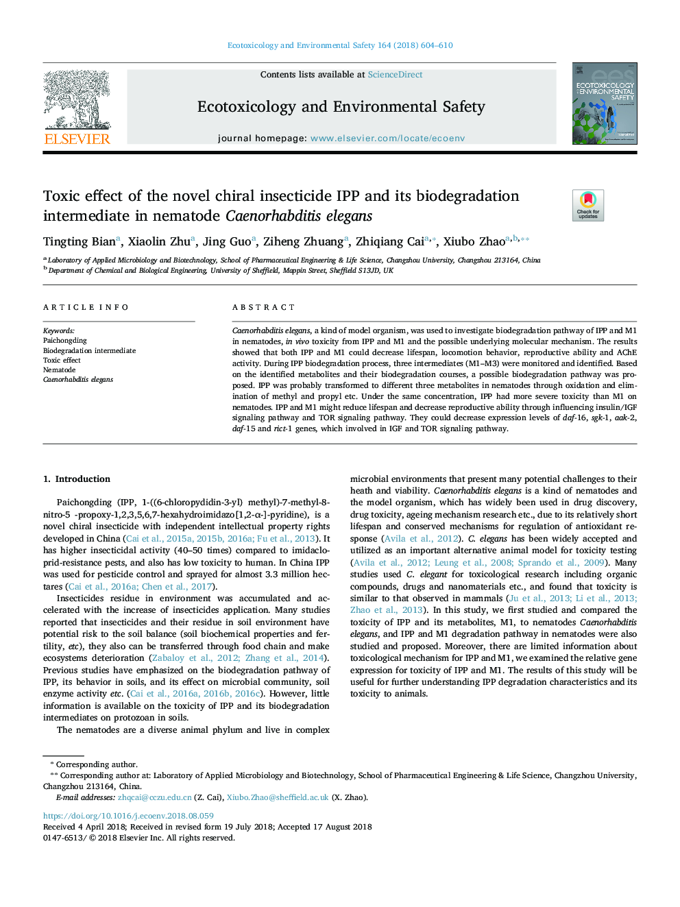 Toxic effect of the novel chiral insecticide IPP and its biodegradation intermediate in nematode Caenorhabditis elegans