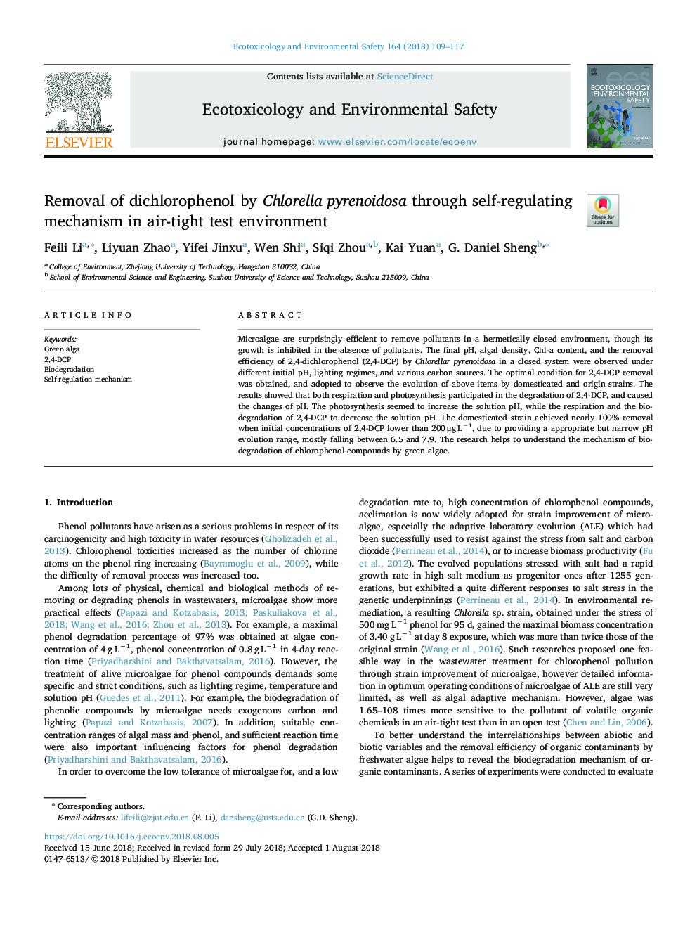 Removal of dichlorophenol by Chlorella pyrenoidosa through self-regulating mechanism in air-tight test environment