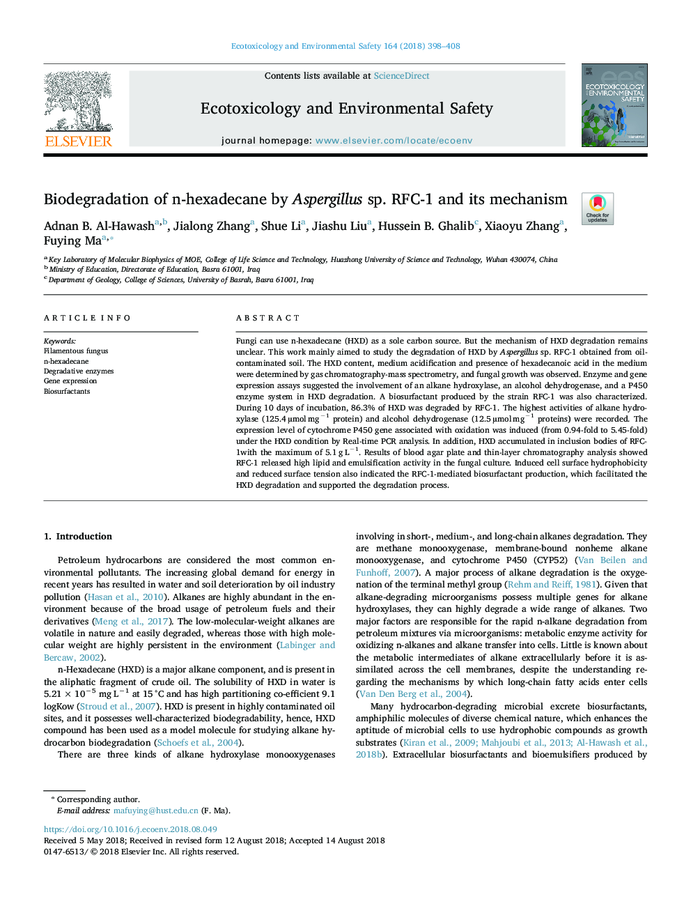 Biodegradation of n-hexadecane by Aspergillus sp. RFC-1 and its mechanism