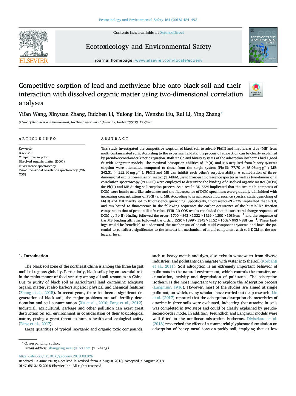 Competitive sorption of lead and methylene blue onto black soil and their interaction with dissolved organic matter using two-dimensional correlation analyses
