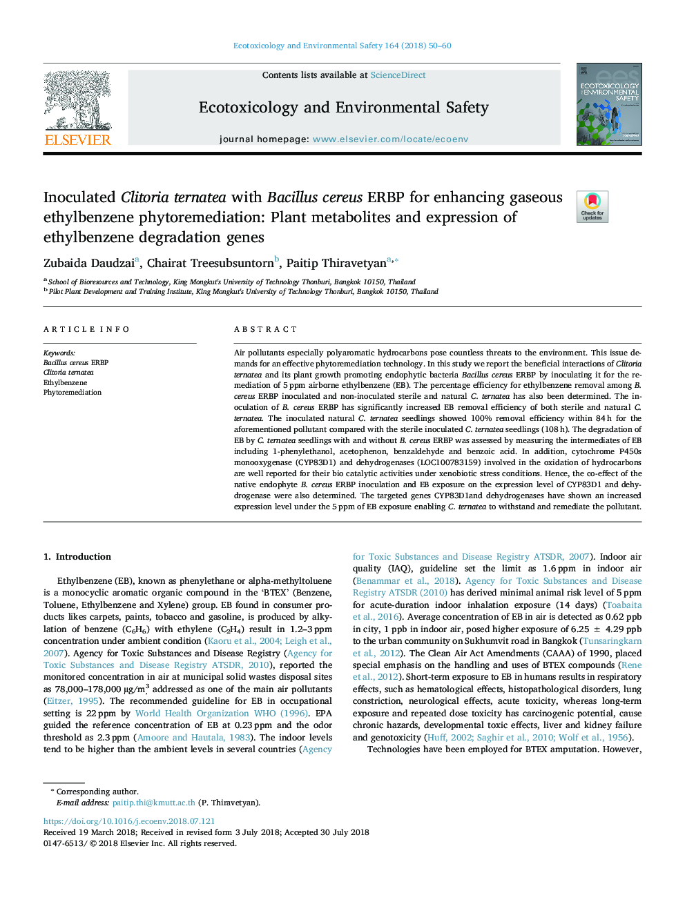 Inoculated Clitoria ternatea with Bacillus cereus ERBP for enhancing gaseous ethylbenzene phytoremediation: Plant metabolites and expression of ethylbenzene degradation genes
