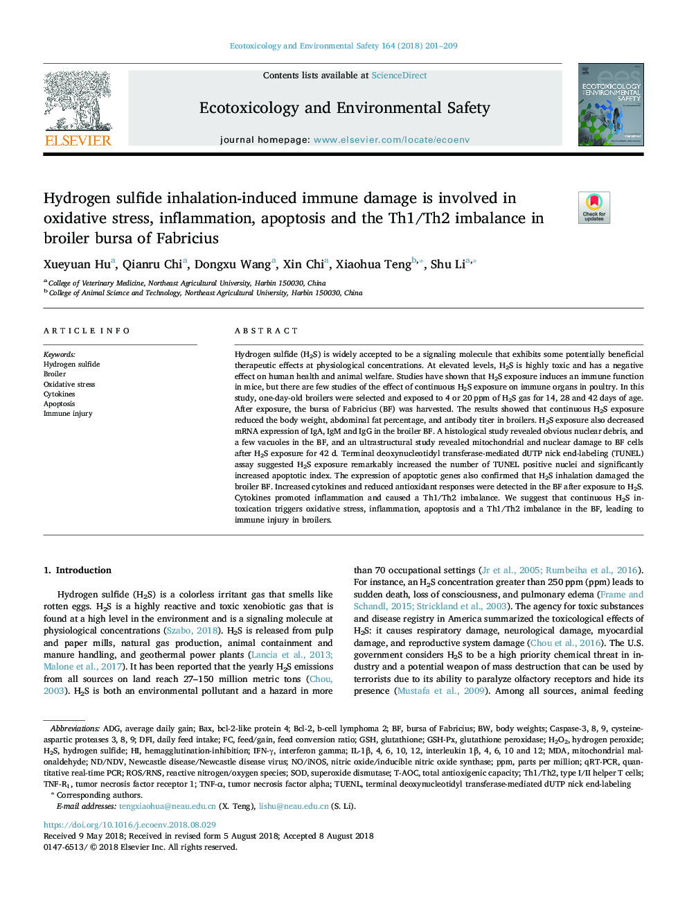 Hydrogen sulfide inhalation-induced immune damage is involved in oxidative stress, inflammation, apoptosis and the Th1/Th2 imbalance in broiler bursa of Fabricius