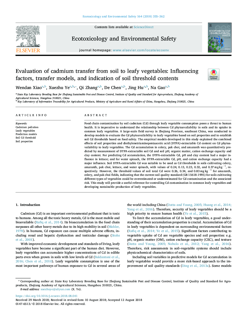 Evaluation of cadmium transfer from soil to leafy vegetables: Influencing factors, transfer models, and indication of soil threshold contents